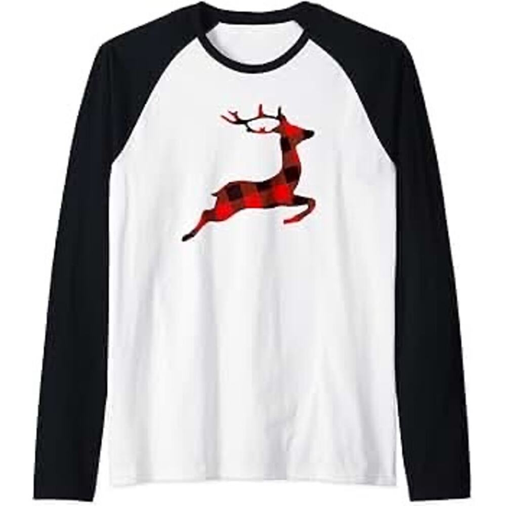 Lascana T Shirt Red & Black Buffalo Plaid Reindeer Raglan Tee New, Womens Sz L - Picture 2 of 4